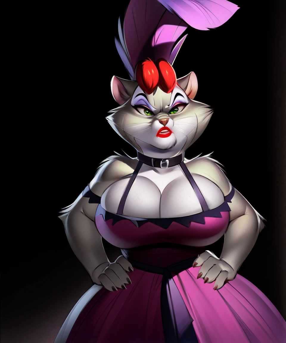 solo, miss kitty, female, green eyes, lipstick, collar, dress, feather headwear, red hair, angry, hands on hips, big breasts, wide hips, dark room, by miles df,  <lora:MissKitty_03-Yiffymix-nd064-ep44:1>