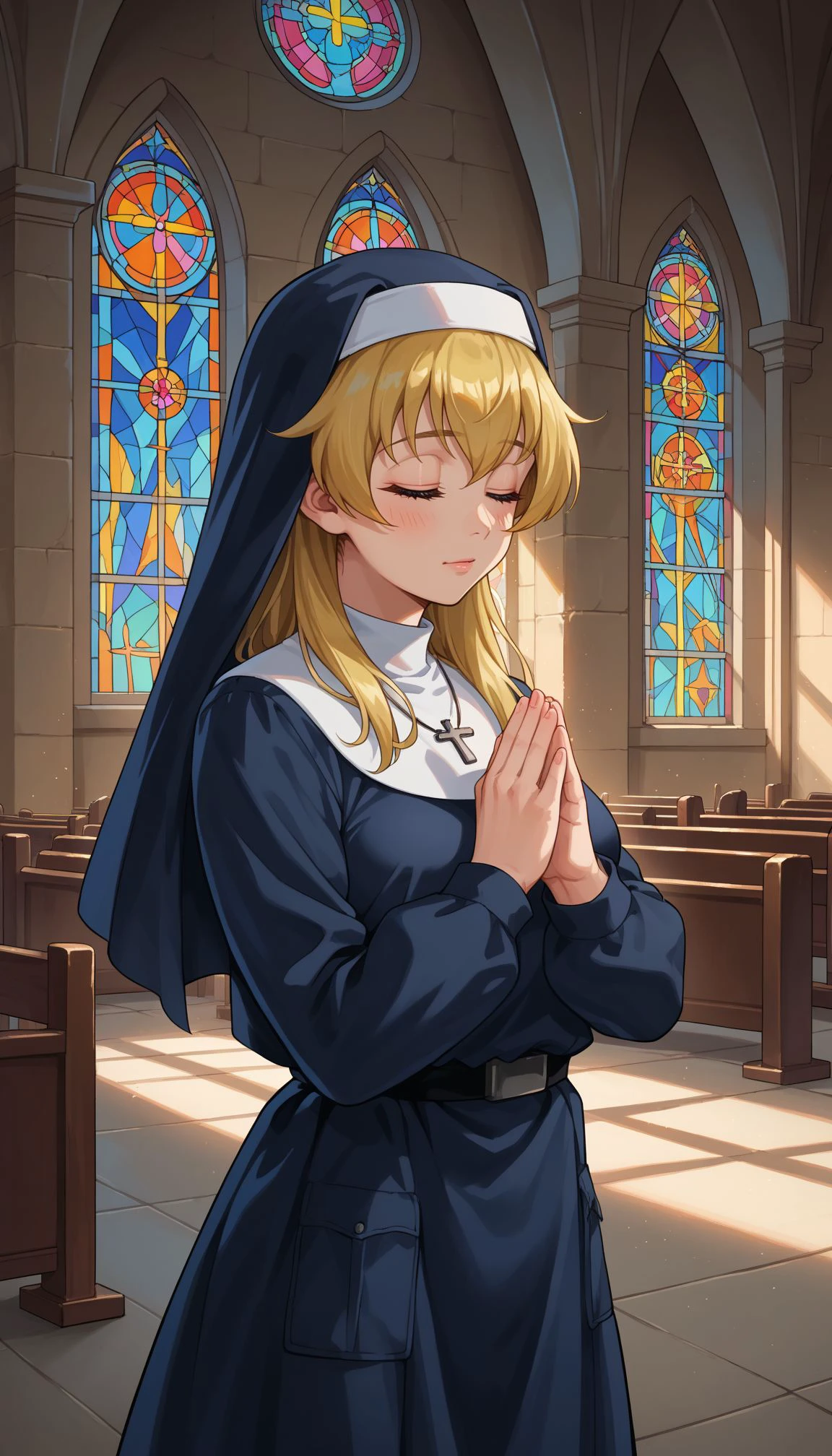 (score_9, score_8_up, score_7_up, score_6_up, score_5_up, score_4_up),   , 
 <lora:GUPCarpaccio:1> ACarpaccio,carpaccio (girls und panzer) 1girl, long hair, blonde hair, 
indoor, church, praying, indoors, church, stained glass, window, sunlight, nun ouftit,