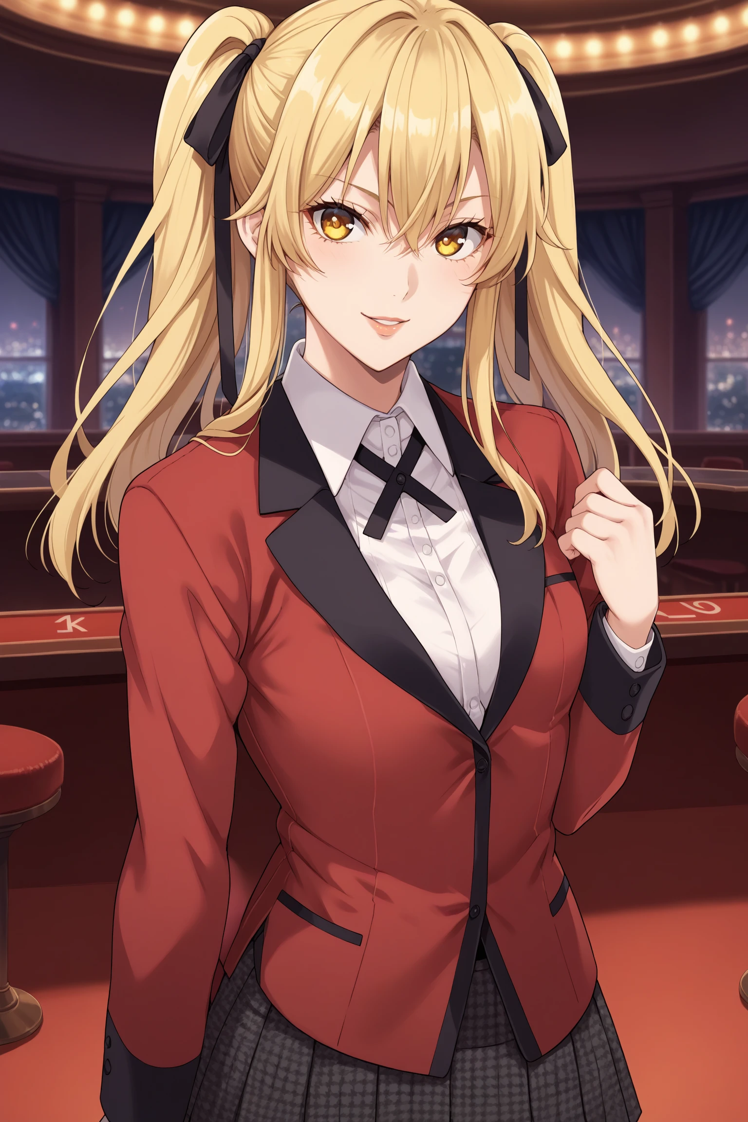 saotome mary, long hair, blonde hair, twintails, black hair bow, hair between eyes, yellow eyes, hyakkaou academy school uniform, long sleeves, blazer, red jacket, suit jacket, white shirt, collared shirt, black neck ribbon, black skirt, plaid skirt, pleated skirt, black kneehighs, loafers, <lora:Mary_Saotome:0.8>, score_9, score_8_up, score_7_up, score_6_up, score_5_up, source_anime, rating_safe, medium breasts, indoors, casino, 1girl, solo, looking at viewer, <lora:age_slider_v4:4>, upper body