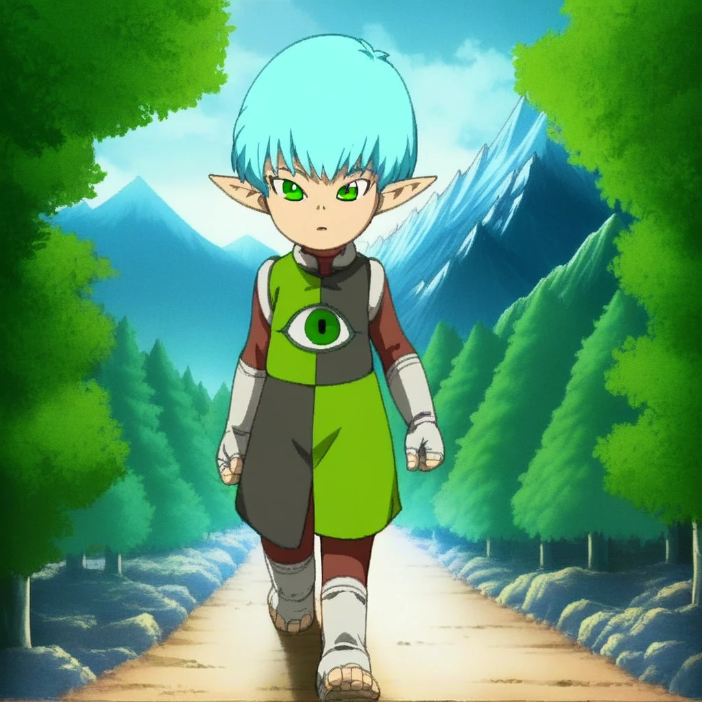 score_9, solo, noi_bd, blue hair, short hair, green eyes, pointy ears, fingerless gloves, walking, mountains, trees, natural lighting