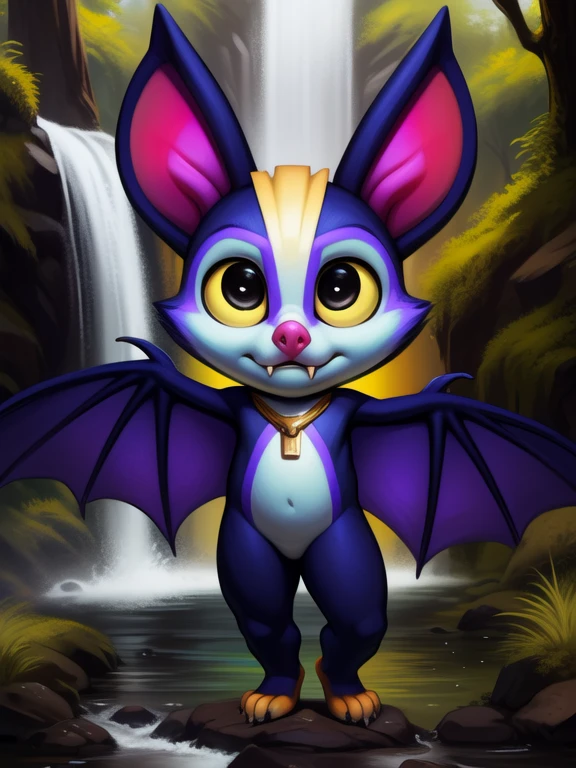 <lora:CammyCamazotzBatsNYif:1> CammyCamazotzBatsN, Bat, arms wings,  dark purple fur, yellow sclera, black eyes, light blue face, yellow feet,  ( chibi, small body,) male, gold necklace, gold necklace, ((yellow stripe on the forehead, dark purple belly,)) fangs,
Looks at the viewer, [ solo, nature, forest, day, clouds, waterfall, nude, naced,]  
beautiful, aesthetic, perfect, delicate, intricate, saturated colors, masterpiece, digital drawing, best quality,
by Darkgem, by Wildering, by Null-Ghost, by Silverfox5213, [[by Foxovh, by Chunie, by Pino Daeni, by Bonifasko]]