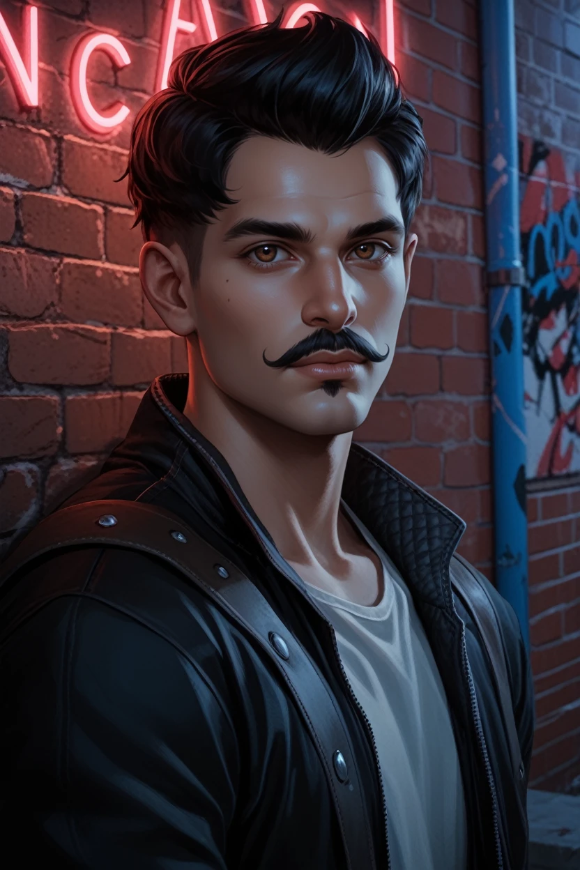 score_9, score_8_up, score_7_up,
<lora:DAIDorian:0.8>
DAIDorian, 1boy, short hair, brown eyes, black hair, mustache, looking at viewer, Under a neon-lit city sign, edgy streetwear ensemble, nighttime ambiance, leaning against a graffiti-covered wall with a cool and collected attitude