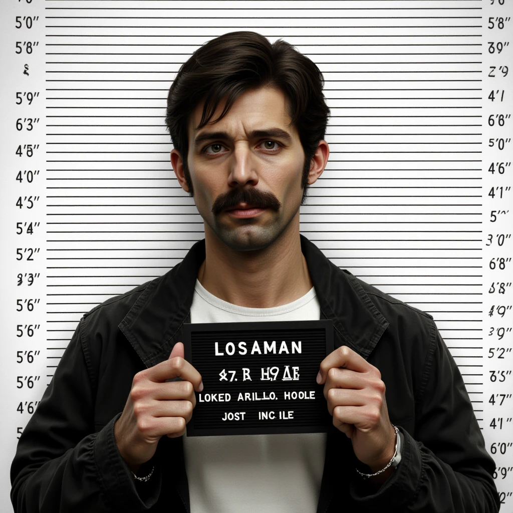 <lora:Mugshot style v1:0.9>
A Mugshot photo of a man holding a sign in front of a mug behind a mugshot wall,solo,looking at viewer,shirt,black hair,1boy,holding,jewelry,jacket,white shirt,upper body,male focus,english text,black jacket,facial hair,ring,beard,realistic,mustache,stubble,real life insert,height chart ,  mugshot style