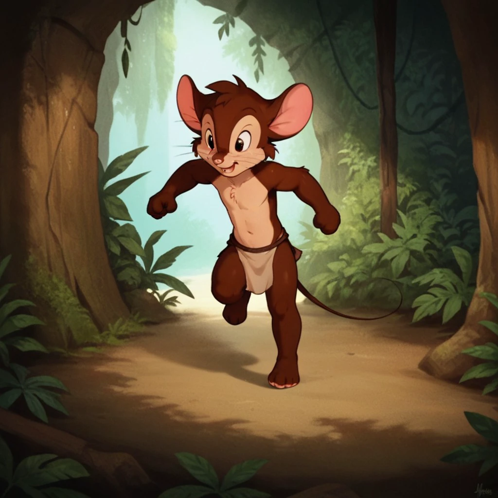 score_9, score_8_up, score_7_up, score_6_up, score_5_up, score_4_up, source_furry, Fievelfgw, young anthro, male, mouse, brown fur,  full body, one 1boy, solo,  barefoot, solo, jungle, loincloth, running, <lora:ce4aa880-b800-4ce3-824c-7c128e08729e:0.7>