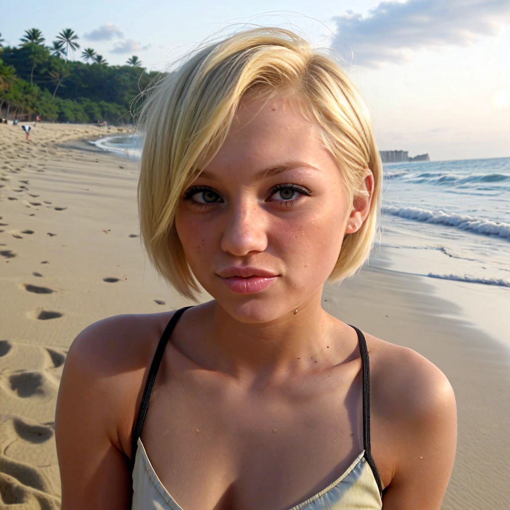 a young woman with  ultrashort blonde permanent hair duckface on the beach<lora:POVHandjob:1>