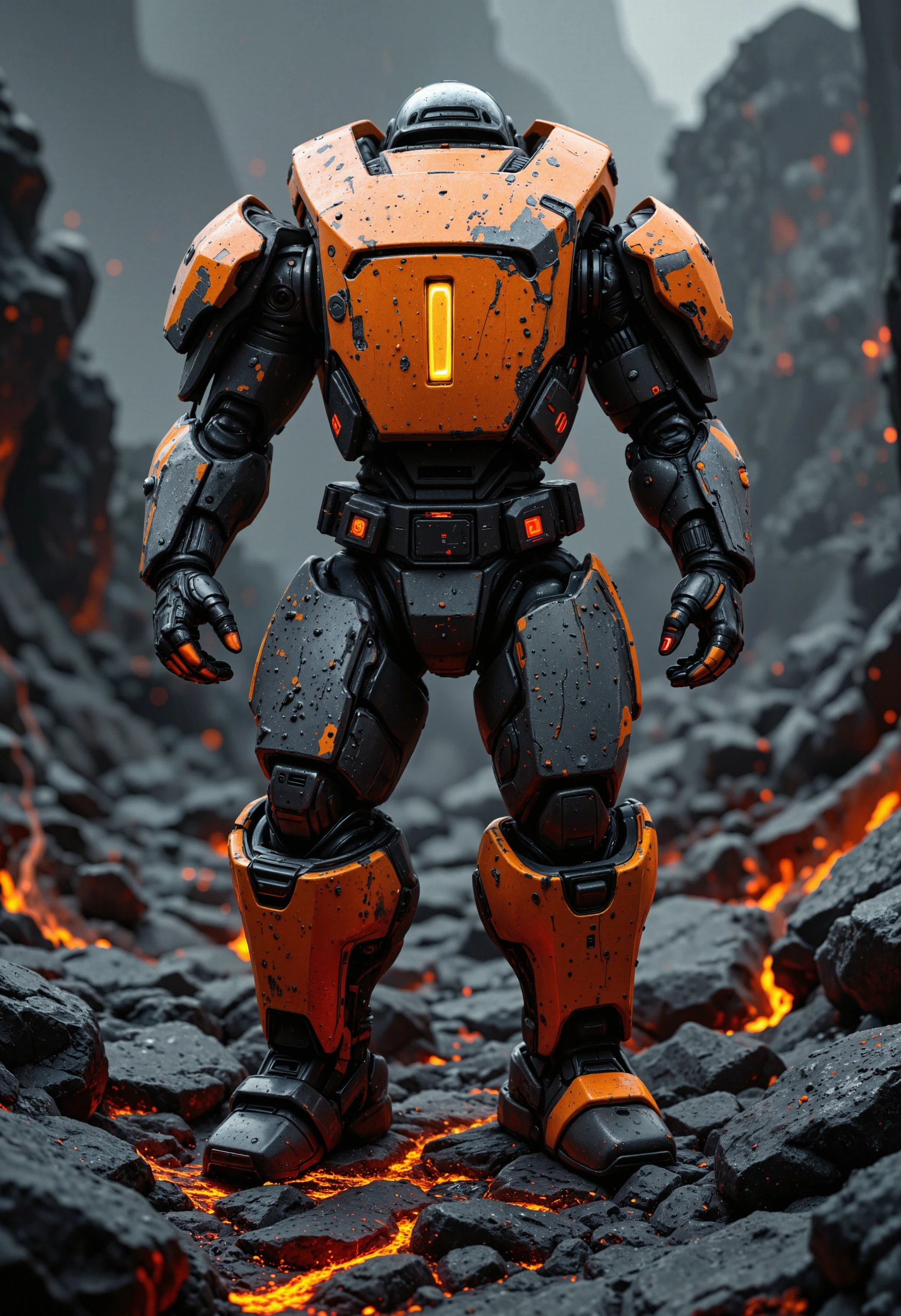 A futuristic, weathered robot with an orange and black body stands heroically on a lava-filled ground. The robot's frame is heavily scuffed, showcasing the wear and tear from countless adventures. The scene captures the low camera angle, emphasizing the robot's size and resolve. The glowing embers and molten lava beneath add a fiery contrast against the dark, rocky terrain. Shot with a cinematic feel, similar to Hasselblad 35mm photography with an aperture of 22, this image is sharp and hyper-realistic, making the robot's stance all the more impactful.