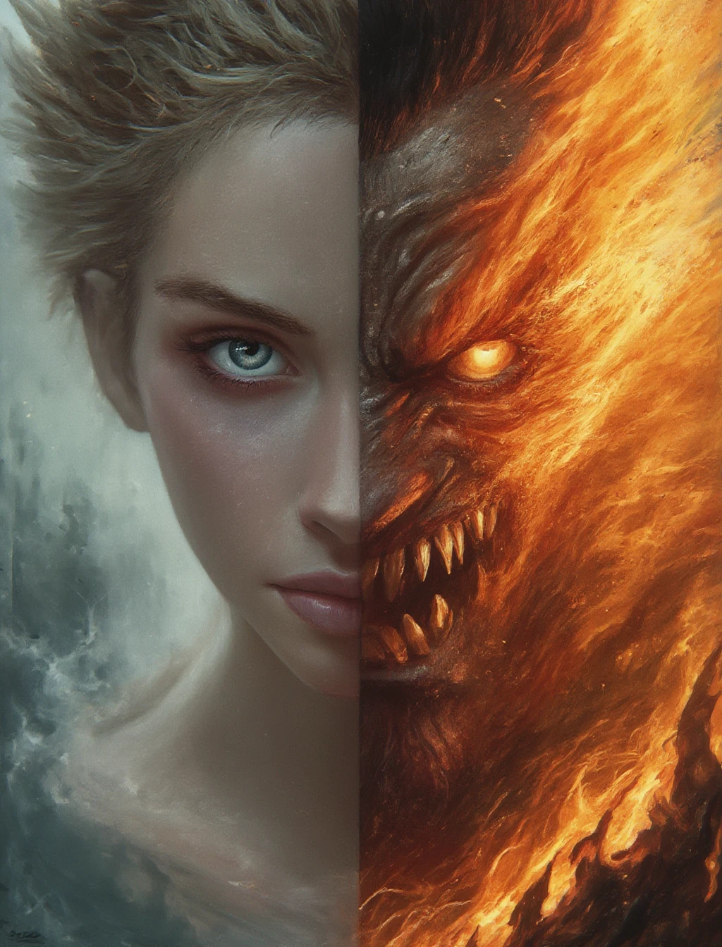 split screen,left side is an beatiful femal angel face,right side is an angry male demon face. At the left side,the background with cloud and floating architecture as in heaven. At the right side,the background with fire,lava and black rock.,