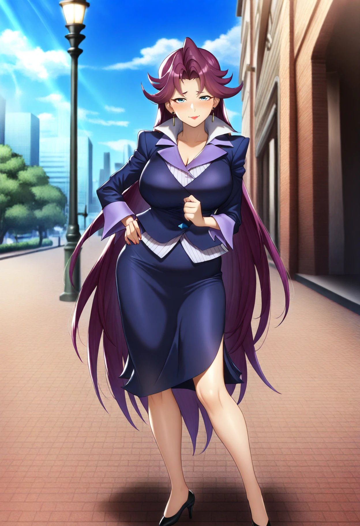 best quality, amazing quality, very aesthetic, full body, solo, 1girl, <lora:Okudaira-fujin (Yu-Gi-Oh! ZEXAL):1> okudaira-fujin, purple hair, very long hair, large breasts, blue eyes, makeup, lipstick, earrings, two-tone jacket, blue jacket, purple jacket, long sleeves, white dress shirt, collared shirt, popped collar, vertical-striped shirt, blue skirt, black high heels, standing, hand on own hip, contrapposto, looking at viewer, smile, blush, city, sidewalk, buildings, lamppost, blue sky, clouds, sunlight, outdoors, <lora:ChamIllustriousBackgroundEnhancer:1>, <lora:Simulacrum-v12-LUXL-LOHA-lr0005-v3:1>