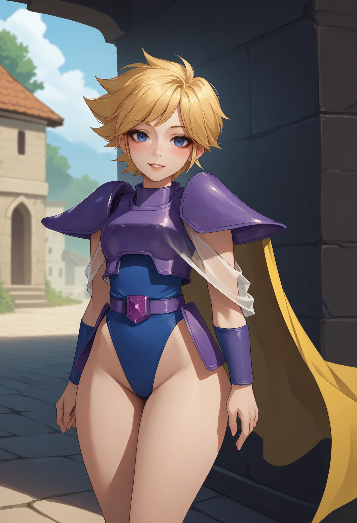 score_9, score_8_up, score_7_up, source_anime BREAK 1girl, solo, <lora:faye-ffmq-richy-v1_pdxl:1> faye, blue eyes, blonde hair, short hair, purple armor, shoulder armor, blue leotard, belt, yellow cape, vambraces, looking at viewer, smile, blush, parted lips, wide hips, thighs, outdoors, <lora:leviathan-artist-richy-v1_pdxl:1>