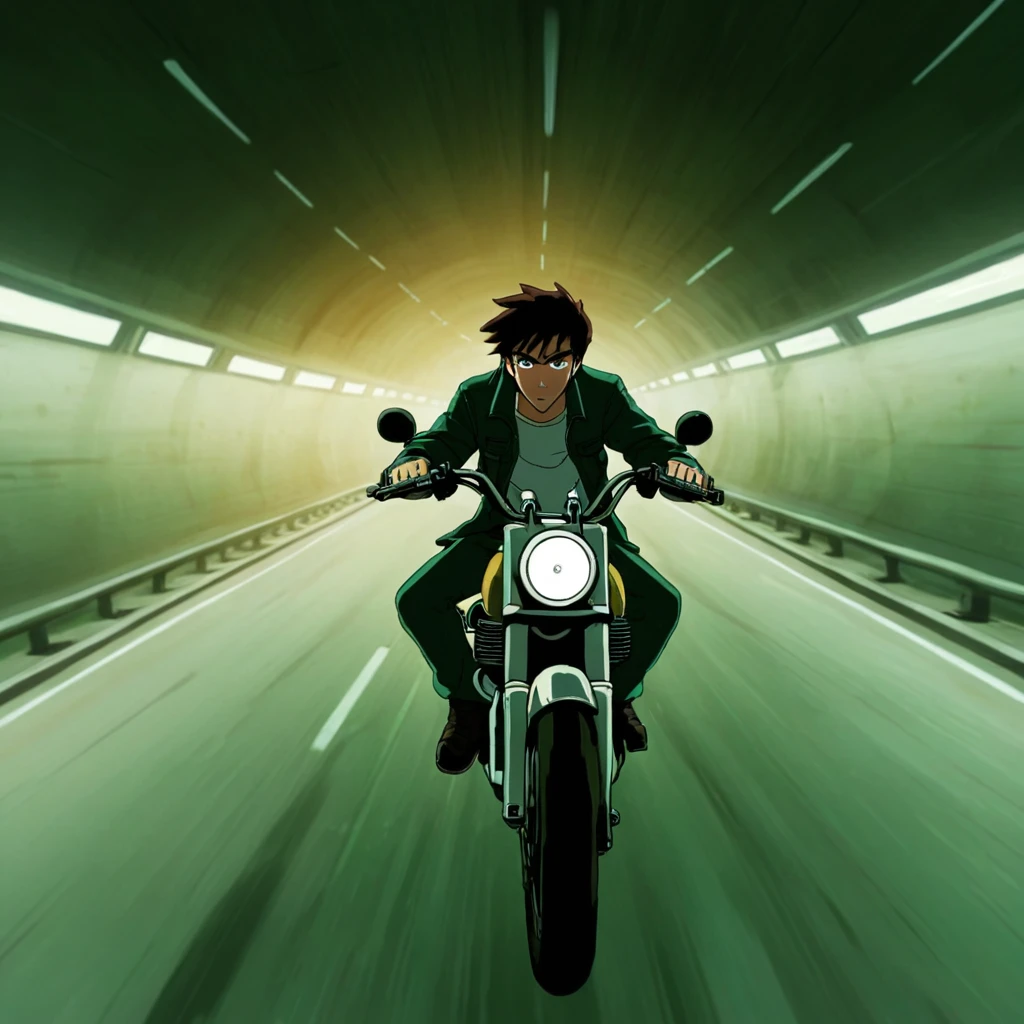 anime artwork of  <lora:In anime style v1 (black freighter):0.9>
Cartoon Anime Manga a man riding a motorcycle through a tunnel, anime style, key visual, vibrant, studio anime,  highly detailed