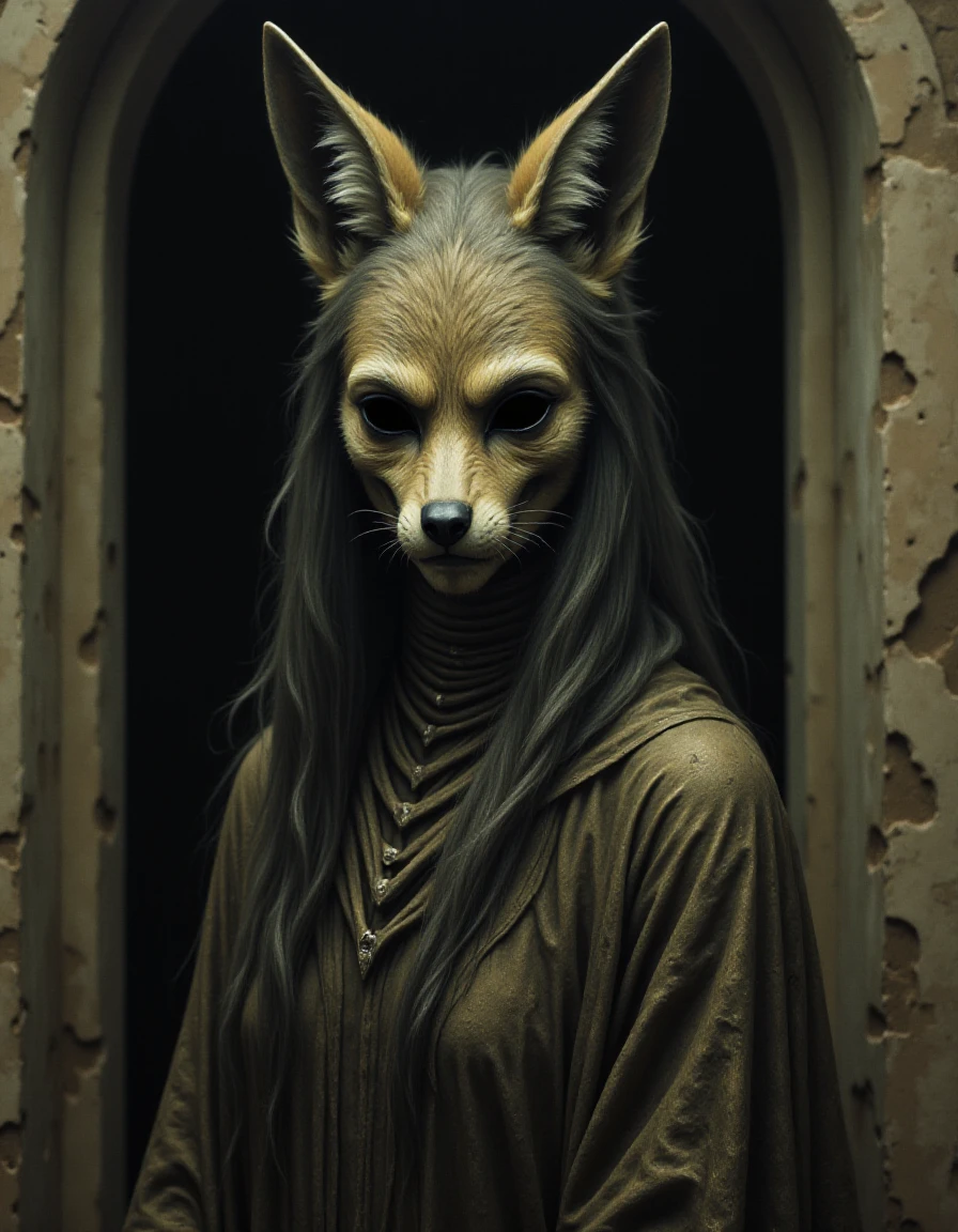 a cinematic portrait of a fox woman with black hollow eyes,dressed as a spirit shaman,we are outside of a theatre which is built and decorated in the mixed style of 16 bit  , Gobo Lighting Chromatic Aberration and Old Film/Scratches Overlay and Texture Overlay , , hard borders H.R. Giger and matte painting  , Top Lighting Bokeh Panorama and high contrast and Mosaic/Pixelation , , detailed Michael Whelan   <lora:Hollow_Eyes_Portrait_Flux_V2:1>