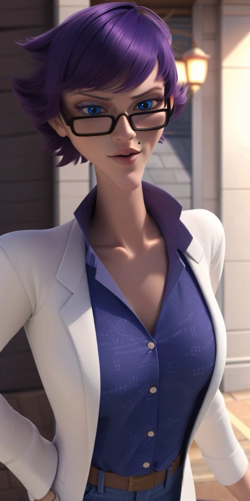 Hyperrealistic, photorealistic, super detailed, blue jeans, purple V-necked dress shirt with a white scientific scribble pattern and popped collar, deep cornflower blue eyes, short dark purple hair, prominent lips, beauty mark on her left cheek, pointy chin, body like in real life, large pores, fair skin, tall, beautiful arms, very flat very little breasts, unreal engine, octane render, droped shadow, bokeh, cinematic lighting, <lora:add_detail:0.5>, <lora:Volumetric_lighting:0.6>, Olga Mendeleiev, <lora:9ff36df4-f6f9-414c-b6c2-64238b1b9e87:0.7>