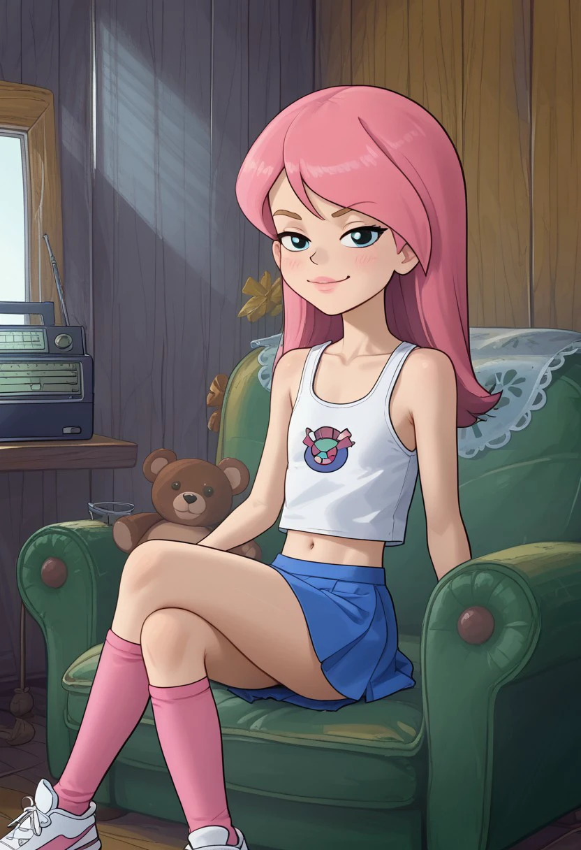 score_7, score_8,  score_9, at well drawn attic background, huge green armchair, radio on windowsill,   window, hand drawn 2d cartoon character, prostokvashino, petite flat chested girl, olya, shorty, skinny, undersized, pink lipstick, pale skin, solo focus girl, long pink hair, bangs, white sneakers with pink socks, white tank top with print, blue microskirt, midriff, navel, half closed bedroom eyes, smirking smile, sitting against viewer, close view, crossed legs, shy pose, stuffed animal teddy bear,