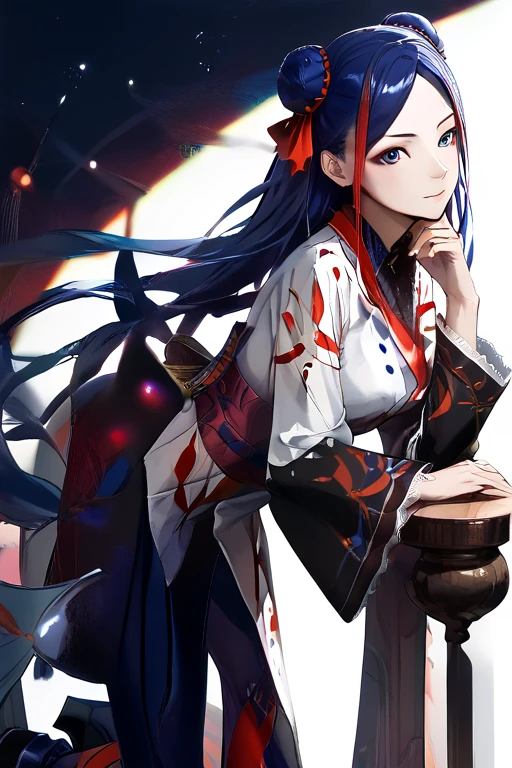 full body, from side, bent over, kakyouin, blue eyes, red eyeliner, blue hair, long hair, double bun, hair ribbon, kimono, lace-up boots, 