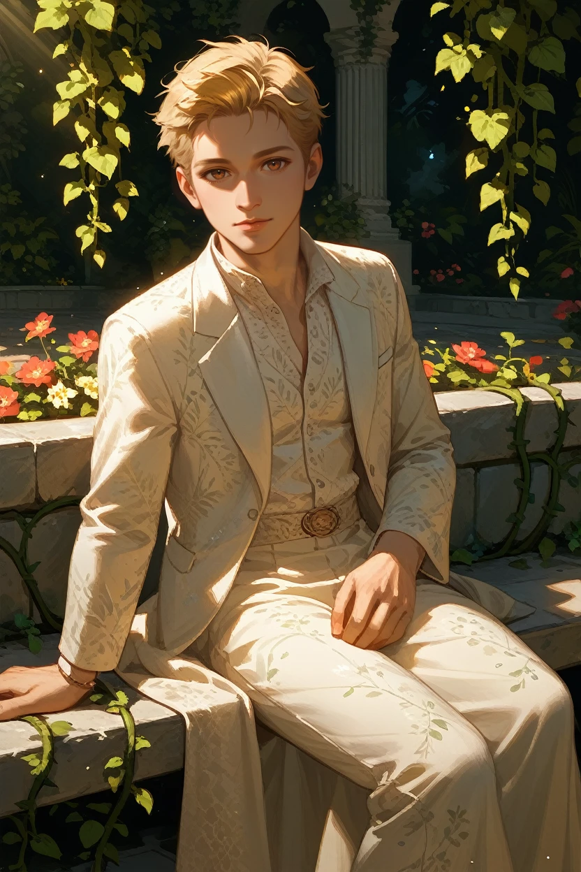 score_9, score_8_up, score_7_up,
<lora:DAAlistair:0.8>
DAAlistair, 1boy, short hair, brown eyes, blonde hair, looking at viewer, sitting on a stone bench in a Mediterranean courtyard, wearing a light linen suit, vines and flowers around, warm sunlight, elegant and relaxed mood