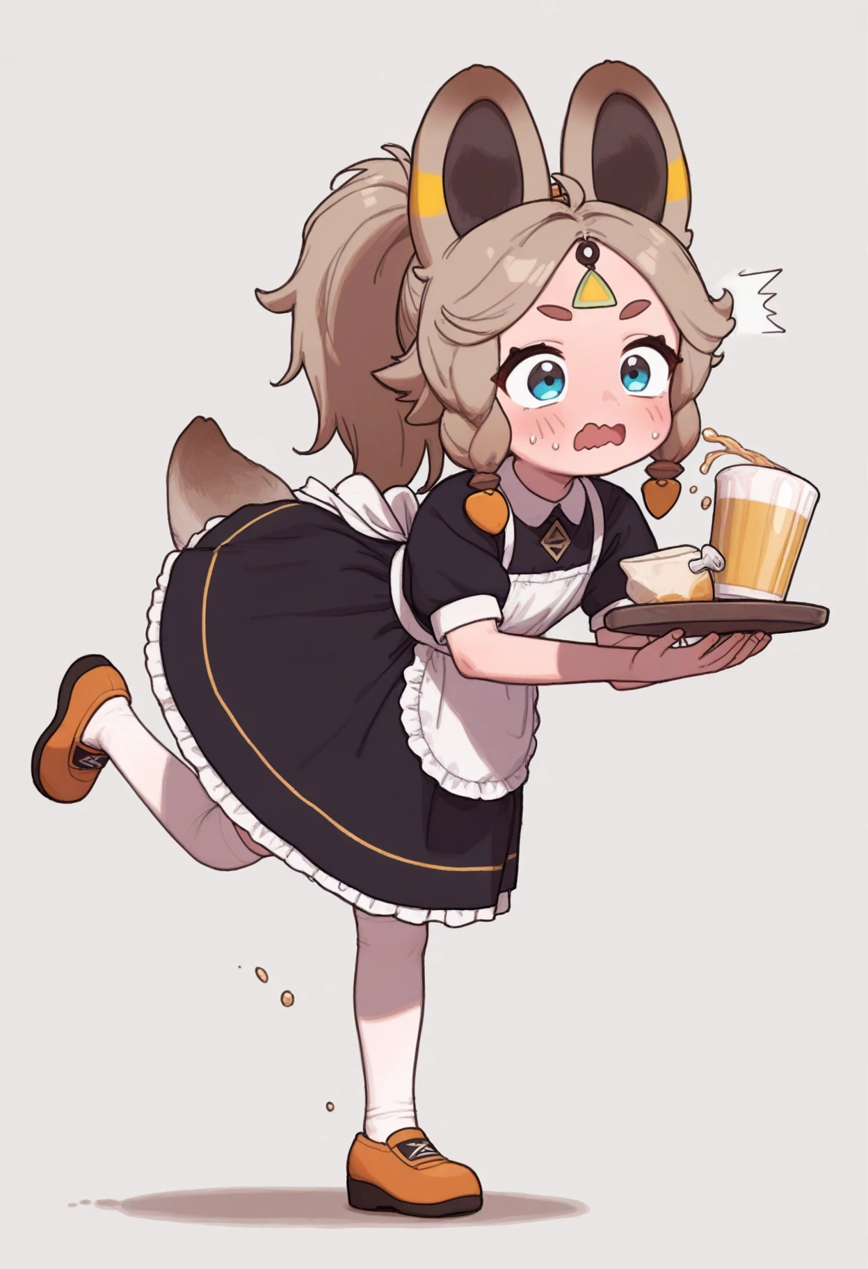 1girl, solo, imkachina, healthyman, (opossumachine:0.6), (alkemanubis:0.4), white background,
standing, tripping, holding tray, wavy mouth, open mouth, surprised, spilling drink, leaning forward, standing on one leg, 
long hair, high ponytail, animal ears, forehead jewel, long hair,
maid, dress, short sleeves, white thighhighs, 
<lora:KachinaIllustrious_18:1>