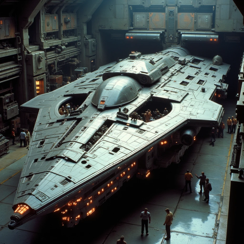 A spacecraft sits in it's hangar with various workers and mechanics working on the spaceship. It has an open bay and a large rounded cockpit window. The ship has a shiny chrome exterior with fine detailed greebled texture. angled shot. Sci-fi scene, atmospheric.