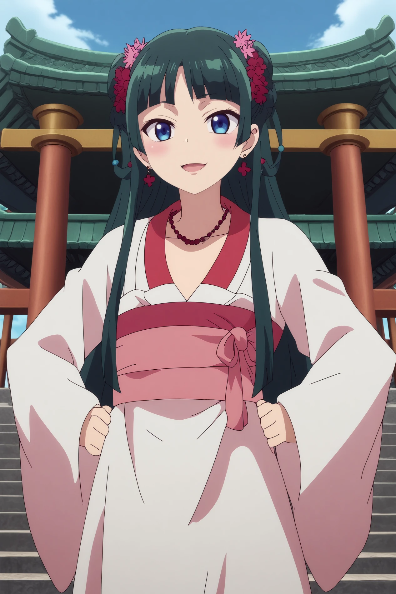  maomao,1girl,solo,japanese clothes,long hair,looking at viewer,bangs,kimono,hair ornament,blunt bangs,twintails,smile,makeup, hair ornament,hair flower,earrings, necklace, shawl,lipstick BREAK outdoors,old japon city,torii,under torii,sakura flowers,Japanese architecture   Posing with one leg raised and hands on hips,  <lora:MaoMao.safetensors:0.8>