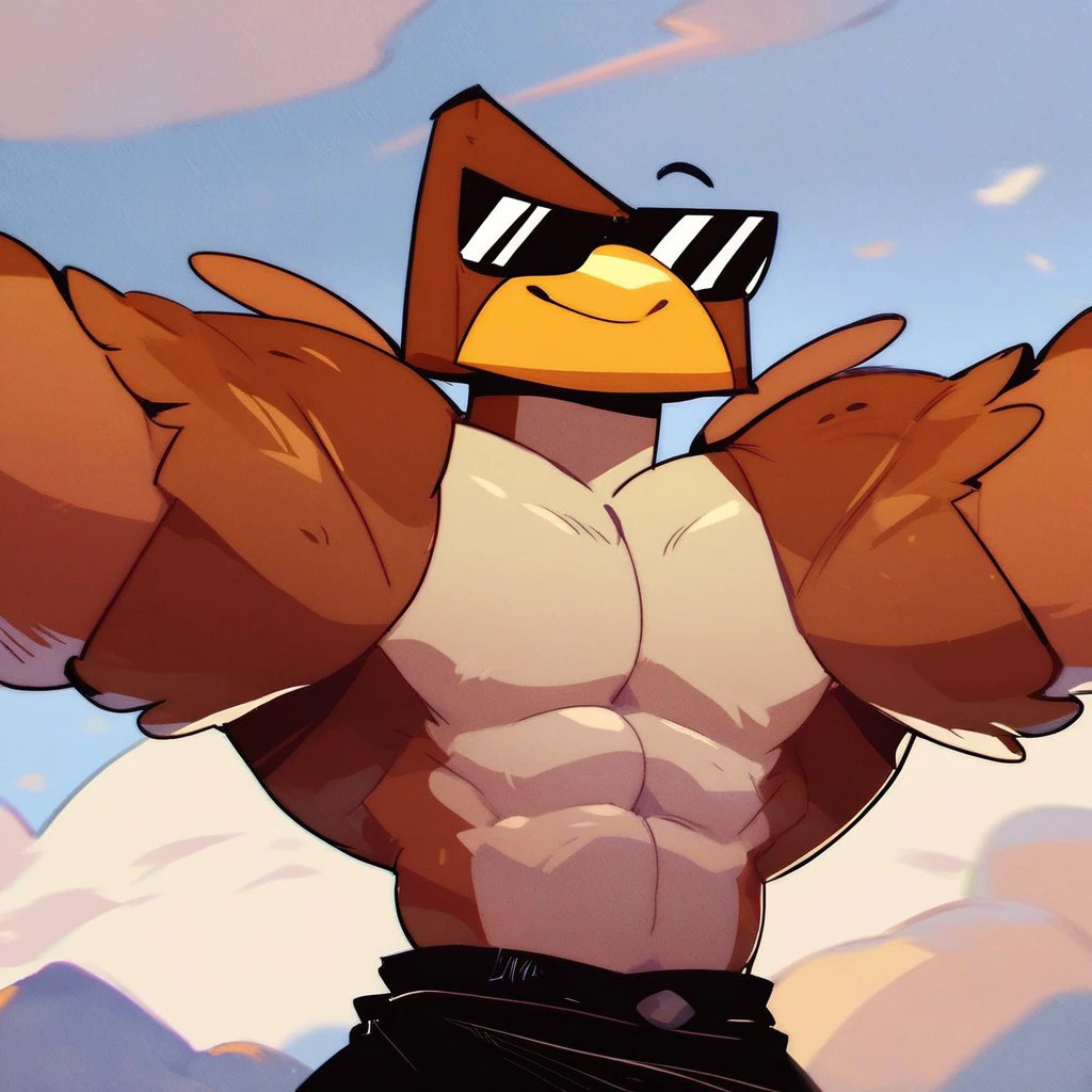 score_9, score_8_up, score_7_up, score_6_up, score_5_up, Hawkodile, bird, anthro, solo, smile, sunglasses, yellow beak, brown head, black shorts, muscular, upper body, topless, outdoors