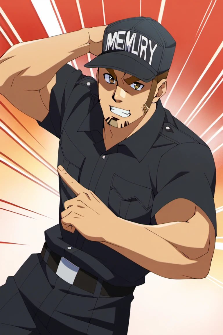 score_9, score_8_up, score_7_up, score_6_up, perfect anatomy, perfect proportions, best quality, masterpiece, high_resolution, high quality, best aesthetic, incredibly absurdres, highres, extremely detailed, huge filesize, mature, masculine, manly, virile, handsome, charming, alluring, bara, male focus, solo male, cowboy shot, dutch angle, source_anime \(Cells at Work! CODE BLACK\), anime coloring \Cells at Work! CODE BLACK\), Memory T Cell \(Cells at Work! CODE BLACK\), CaWBlMemoryTCell, brown hair, brown eyes, thick eyebrow, long sideburns, facial hair, stubble, CaWBKillerTCell_outfit, black cap, Killer T Cell cap \(Cells at Work\), Killer T Cell uniform \(Cells at Work\), black shirt, short sleeves, black pants