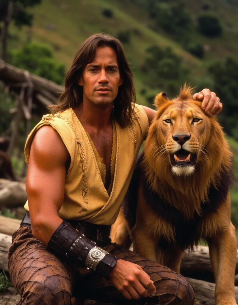 Hercules is a man with long hair and a yellow shirt. He is posing with the Nemean Lion  <lora:Hercules:0.9>