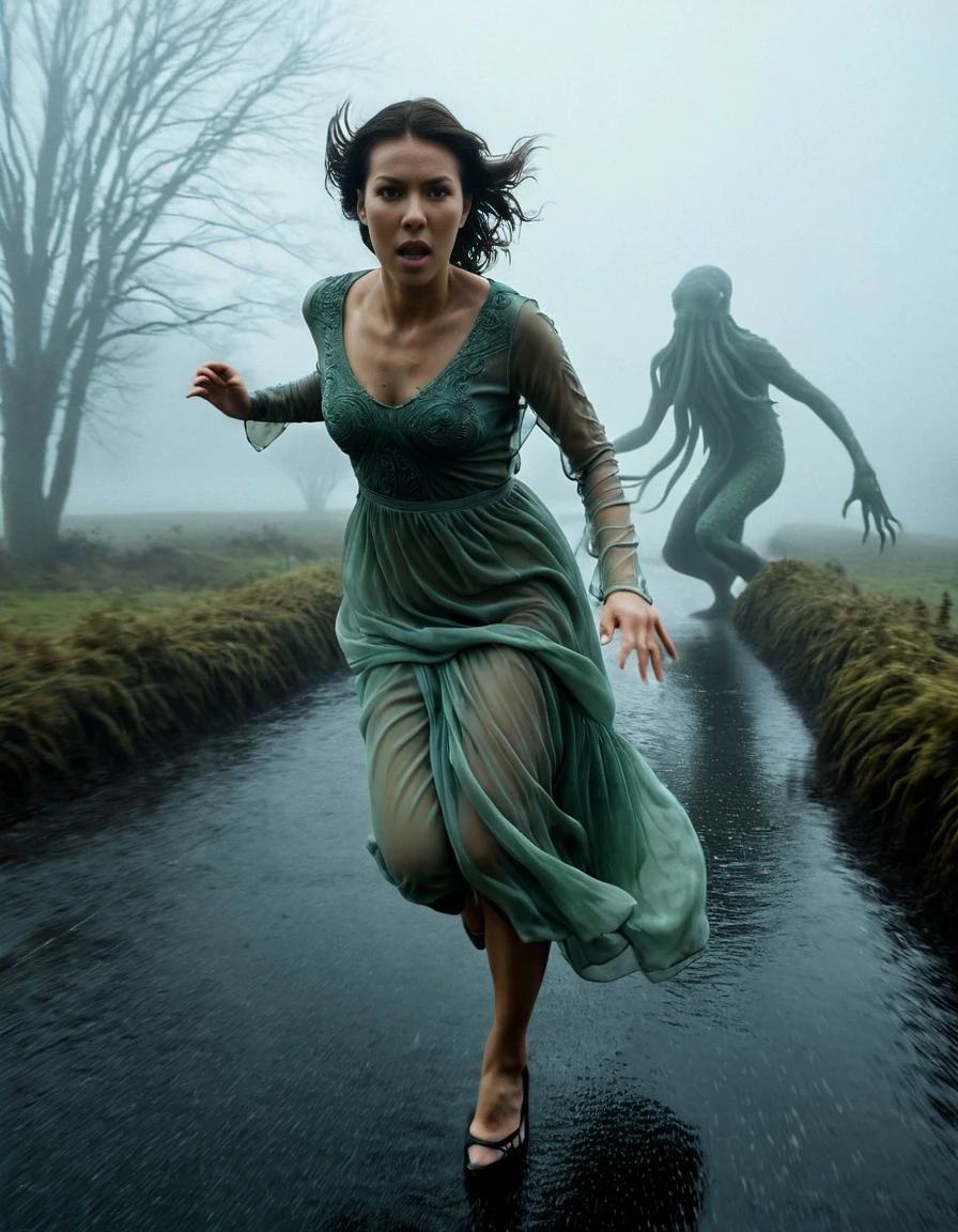 lovecraftian horror, Photorealism <lora:MariaOzawaSDXL:1>, photo of MariaOzawaSDXL wearing aetherial dress, running toward the viewer, (running:1.1) away from tentacle monster in the background, fog, damp surroundings, agony expression, fearful expression, (facing the viewer:1.3), (looking at the viewer:1.3), Photorealism, often for highly detailed representation, photographic accuracy, or visual illusion., eldritch, cosmic horror, unknown, mysterious, surreal, highly detailed