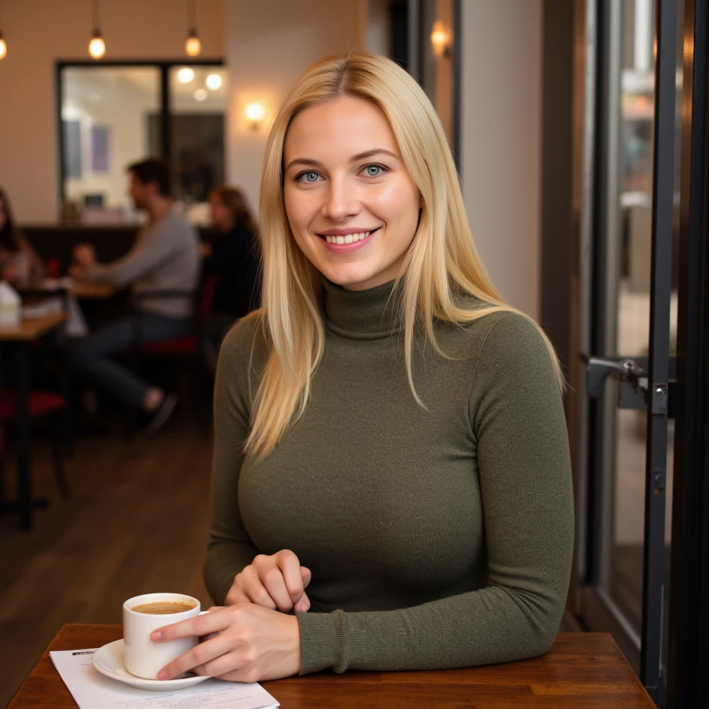 photo realistic, 30mm amateur photo without text and watermarks, natural detailed skin, blonde MDoroshina woman wearing a turtleneck dress sitting in a cafe having a coffee, looking at viewer, smiling <lora:MDoroshina_flux_v1:1.3>