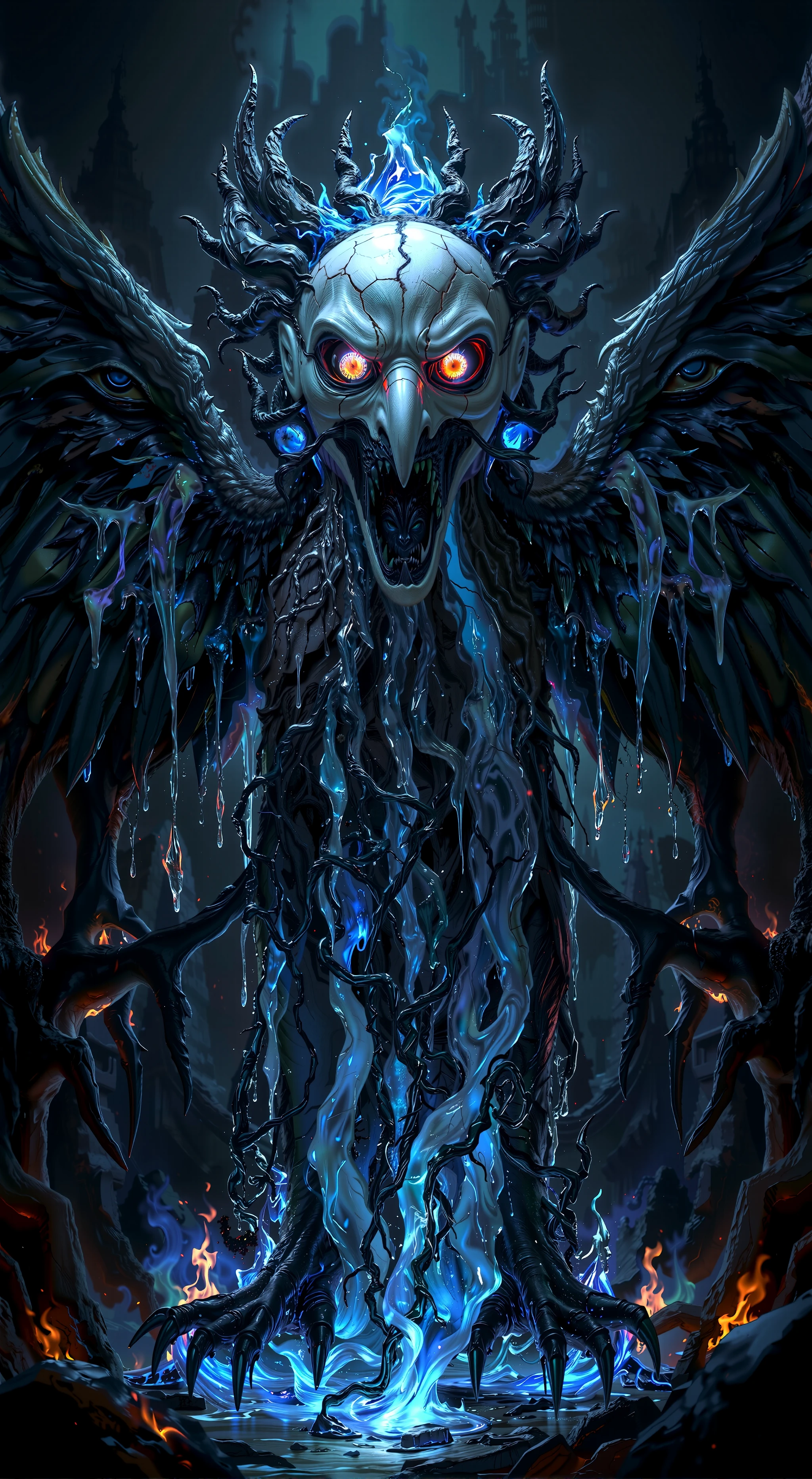 In a dark, gothic landscape, a Garuda-bodied figure with a grotesque Japanese ghost mask hovers in haunting silence. Streams of molten blue lava ooze from the cracks in the mask, flowing over the Garuda's outstretched wings and solidifying into glowing, crystalline forms that pulse with an eerie light. The Garuda's fierce eyes, filled with malevolent intensity, radiate a sinister glow as twisted roots burst from its eye sockets, twisting down like tendrils of ancient evil. Flames flicker menacingly around its talons, interwoven with icy water that freezes upon contact with the molten blue lava. The background features towering gothic spires and cursed symbols faintly illuminated by the flickering light. The entire scene is a blend of fiery intensity, chilling cold, and supernatural horror, amplifying the menacing aura of the Garuda in this unearthly, cursed realm. MSKLDJM
<lora:MaSk_DJM230x_FLUX-000001.safetensors:1.2:1.2>