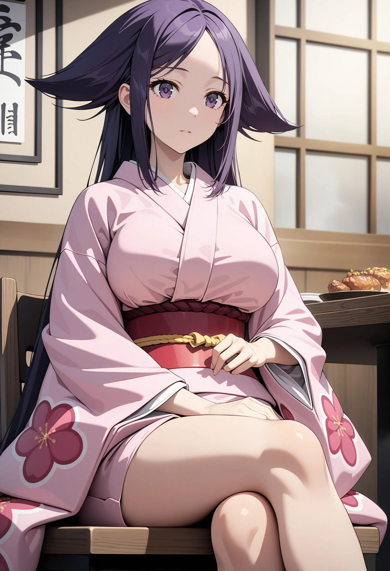 (masterpiece, best quality, very aesthetic, ultra detailed), intricate details, 4k, aaoharu, long hair, purple hair, hair flaps, purple eyes, large breasts, japanese clothes, print kimono, pink kimono, long sleeves, obi, sash, <lora:oharu_animagine_v1:0.9>, crossed legs, sitting, restaurant, chair,
