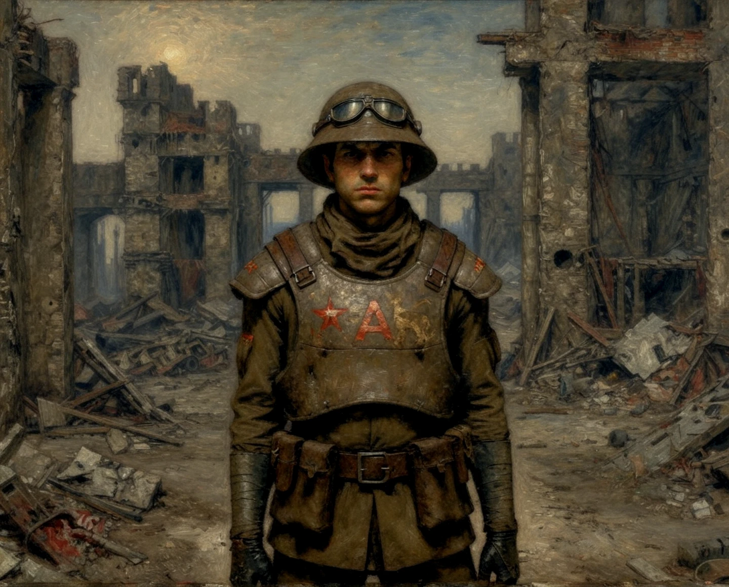 a trooper inside the ruins of a post apocalyptic airport, <lora:ncr_5000_trooper:1>, Franz von Stuck <lora:dmd2_sdxl_4step_lora_fp16:1>, oil painting style, oil on canvas style