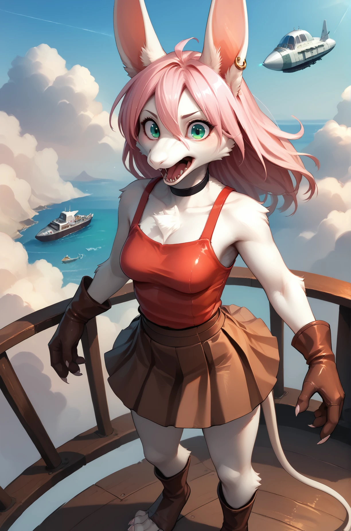 score_9, score_8_up, score_7_up, fluffy, tufts, furry, BREAK,
solo, 1girl, freyac, female, white fur, green eyes, teal eyes, pink hair, white tail, anime, stylized, cute, big eyes, alert, surprised, red tanktop, black choker, brown gloves, leather gloves, earrings, gold earrrings, brown skirt, tan skirt, short skirt, medium breasts, wind, looking at viewer, mouth open, interest, wide-eyed, three-quarter_view, from above, clouds background, sky, airship, standing on wooden platform,
zPDXL, <lora:Pony_DetailV2.0:1>,  <lora:Freya10S 97:1>