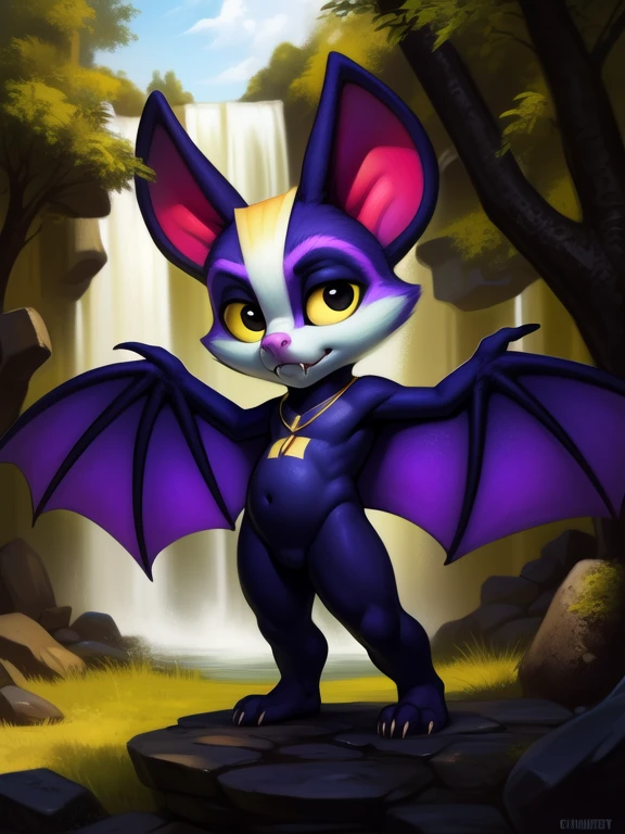 <lora:CammyCamazotzBatsNYif:1> CammyCamazotzBatsN, Bat, arms wings,  dark purple fur, yellow sclera, black eyes, light blue face, yellow feet,  ( chibi, small body,) male, gold necklace, gold necklace, ((yellow stripe on the forehead, dark belly,)) fangs,
Looks at the viewer, [ solo, nature, forest, day, clouds, waterfall, nude, naced,]  
beautiful, aesthetic, perfect, delicate, intricate, saturated colors, masterpiece, digital drawing, best quality,
by Darkgem, by Wildering, by Null-Ghost, by Silverfox5213, [[by Foxovh, by Chunie, by Pino Daeni, by Bonifasko]]