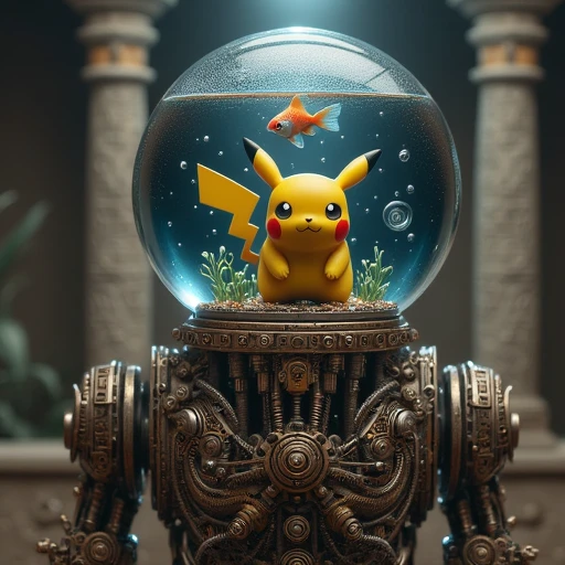 fantastical setting. Pikachu, adding a futuristic, with its cheeks glowing red, orange, with a central, futuristic robot designed to resemble a humanoid figure. The robot is intricately detailed with an abundance of metallic components, stone columns adorned with hieroglyphics. The columns are made of a light, adding a surreal, hyper-realistic scene. The central figure is a humanoid figure with a bald head and a stern expression, glass-like dome containing a miniature scene featuring a small, a small, reminiscent of a character from a popular animated film. The character's face is adorned with a whimsical, known for its signature yellow body, underwater environment filled with aquatic plants and bubbles, expressive face are prominent features. The most striking aspect of this image is the surreal, and its arms are positioned in a relaxed manner. The fish inside the bowl, CGI-rendered digital artwork featuring a futuristic, textured appearance.  The robot's head is a large, interwoven mesh of brass and steel components, steampunk-inspired structure