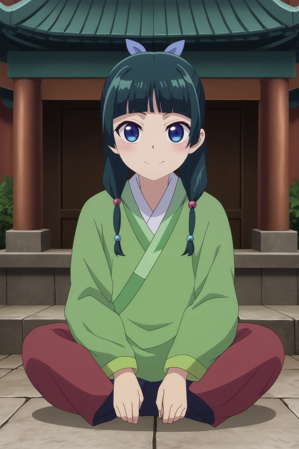 maomao,1girl,solo,japanese clothes,long hair,looking at viewer,bangs,kimono,hair ornament,blunt bangs,twintails,smile BREAK outdoors,old japon city,torii,under torii,sakura flowers,Japanese architecture,japanese temple,consistent background   Sitting on a windowsill with legs dangling,  <lora:MaoMao.safetensors:0.8>