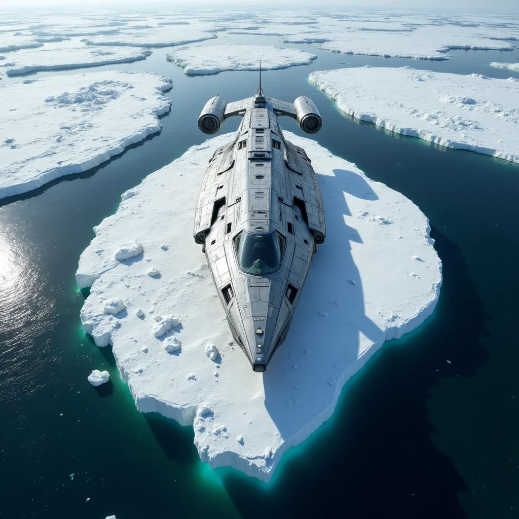 A Silver shiny spacecraft starts it's engines. The ship is on a large piece of ice floating in the arctic ocean. aerial view.