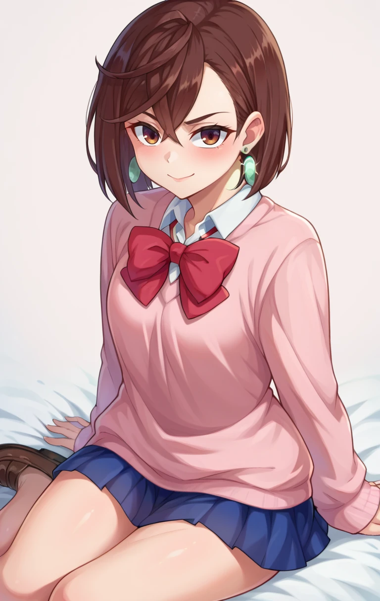 score_9,score_8_up,score_7_up BREAK <lora:ayasemomo:1>,ayasemomoDANDADAN,1girl,solo,looking at viewer,smile,short hair,skirt,brown hair,bow,brown eyes,jewelry,school uniform,pleated skirt,earrings,miniskirt,bowtie,red bow,sweater,blue skirt,cardigan,loafers,lpink sweater,cowboy shot,sitting,