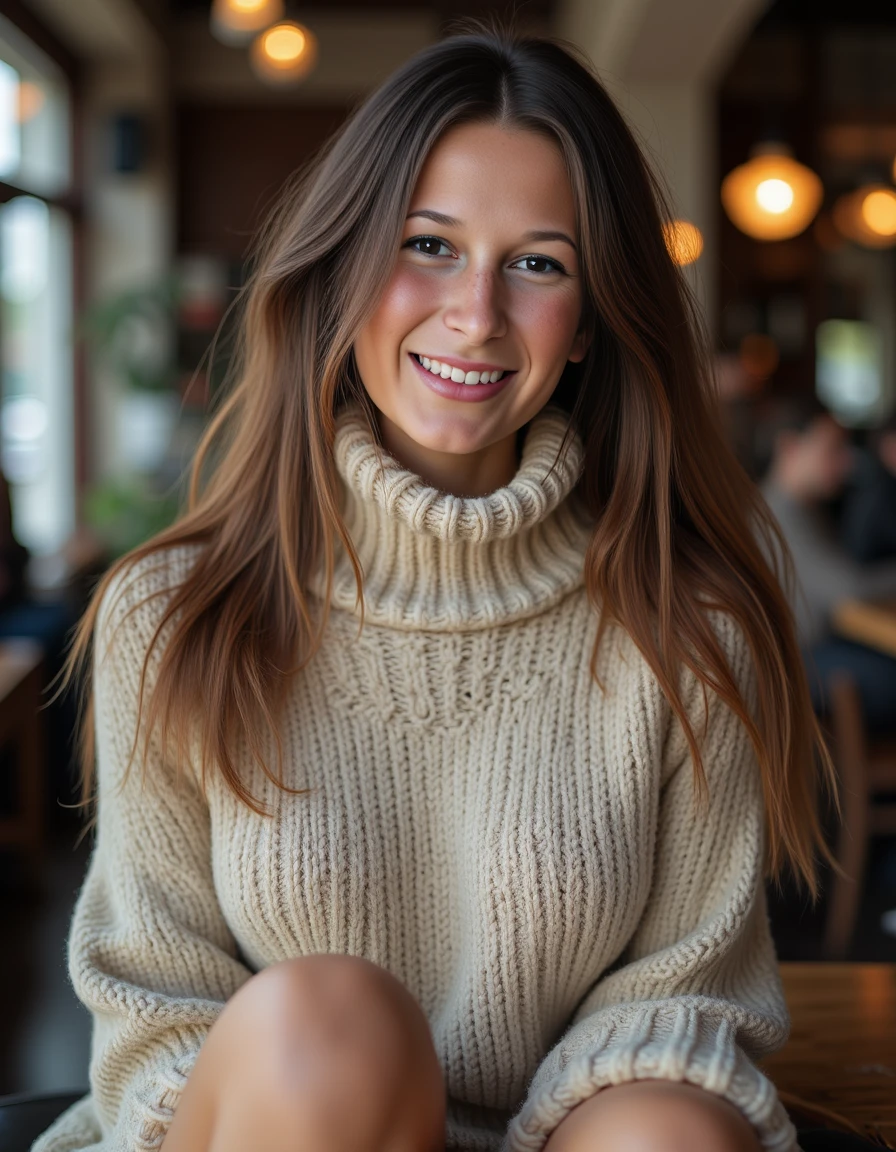 close up portrait photo of a beautiful woman, she has sleek long hair, her skin has a high detailed texture and shows details like moles, small hairs and pores and she is dressed in a comfy, oversized sweater dress with thigh-high socks and a chunky knit scarf, offering warmth and style for a cozy café visit. Her expression is  laughing. With a cold colors lighting. <lora:shantellora-000012:1.2>