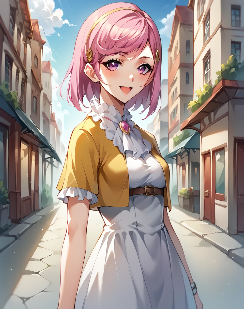 ning_rongrong_manhua, pink hair, short hair, pink eyes, teen, white dress, yellow capelet BREAK outdoors, city street, BREAK looking at viewer, sexy face, sexy smile, open mouth, cowboy shot,  BREAK score_9, score_8_up, score_7_up, source_anime ,zPDXL, perfect hand,   <lora:ning_rongrong:0.8>