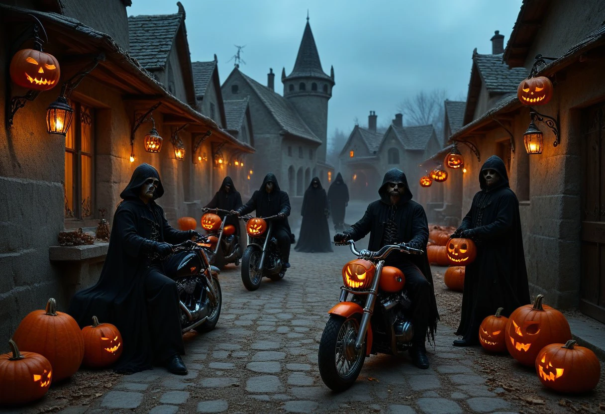 ultra realism, high quality, high definition 8K and higher, stable and accurate focus, ultra correct and accurate anatomy, super detail, many elements and details, on a Halloween themed image in a rock style ghost town. The moon illuminates the eerie street, along the street rockers dressed in skeleton costumes, with beards and mustaches, ride motorbikes, the motorbikes look eerie as if they were forged from the world of the dead, the mirrors of the motorbikes are in the shape of an eerie hand holding the mirror itself, the front headlight of the motorcycle in the shape of a glowing human skull, the elongated Harley Davidson-style handlebars made of iron chains, devil tails hanging from the sides of the handlebars, bats that accompany the rockers on the street. on the terraces of the residential buildings, pumpkins with carved faces glow like lanterns, skeletons in metal cages hanging in the air, hanging on the pillars and cobwebs cover the old buildings, hanging skeletons from the terraces and on the street lamp posts create an atmosphere of horror, mystery and excitement, it's like we've entered the world of the dead"
Colors: Orange, black, purple, dark blue, green.
Objects: Pumpkins, Broomsticks, Bats, Cobwebs, Cauldrons, Skeletons, Lattice Cages, Motorcycles, Lanterns, Graves, Coffins, Skulls and Bones, Gothic Style,
Emotions: horror, fear,
Atmosphere: Dark, mysterious, exciting. as if we are in the world of the dead
Styles: realistic, gothic, rock metal style