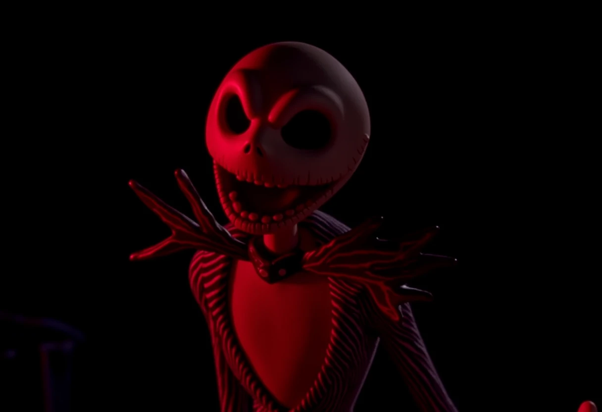 JS p3rs0n Jack Skellington from The Nightmare Before Christmas, illuminated by a few lights in a dark background. He is wearing a red and black striped shirt and a black hat, and has a menacing expression on his face. His eyes are wide and his mouth is slightly open, as if he is about to speak.