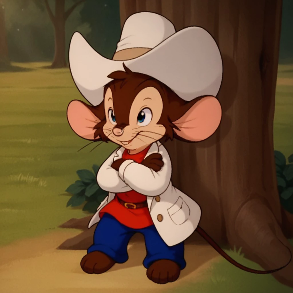 score_9, score_8_up, score_7_up, score_6_up, score_5_up, score_4_up, source_furry, Fievelfgw, young anthro, male, mouse, brown fur,  full body, one 1boy, solo,  barefoot, solo, red shirt, blue pants, white cowboy hat, old west, open white coat, leaning against a tree, arms crossed,, <lora:ce4aa880-b800-4ce3-824c-7c128e08729e:0.7>