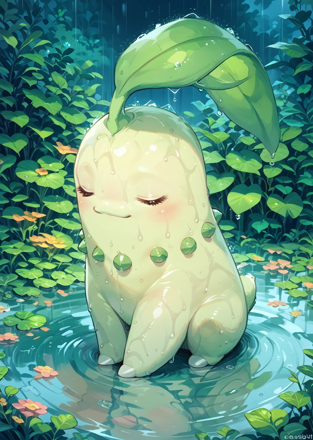 score_9, score_8_up, score_7_up, score_6_up, score_5_up, score_4_up, cute female furry feral chibi chikorita, sitting, eyes closed, calm, enjoying, wet, rain, high angle, nature background, source_furry <lora:Chikorita:1> chikorita, pokemon (creature)