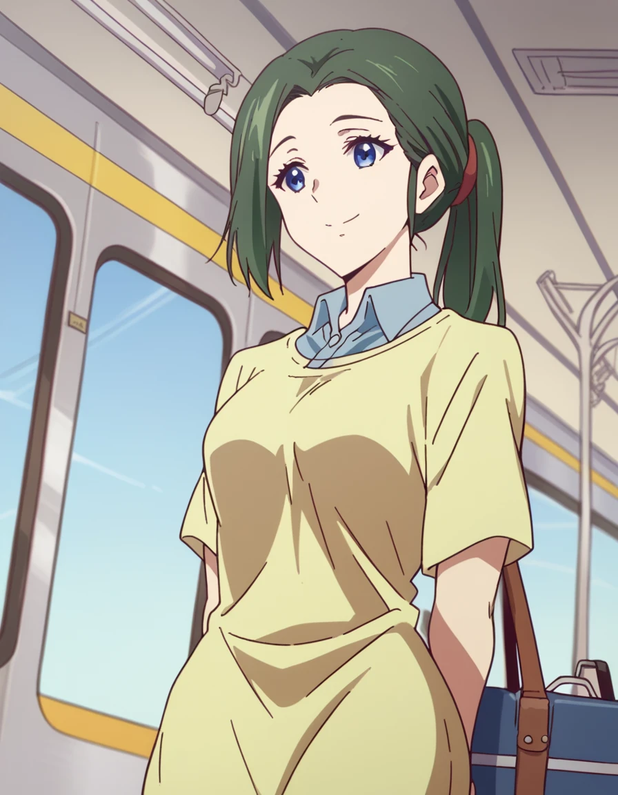 score_9, score_8_up, score_7_up, source_anime, <lora:haruhiko-mother-s1-ponyxl-lora-nochekaiser:1>, haruhiko mother, long hair, blue eyes, ponytail, green hair, medium breasts,, shirt, short sleeves, collared shirt, yellow shirt, collared shirt, blue shirt, , train station, waiting for train, suitcase, traveling, commute, city skyline, hands behind back,, smile, , from below, solo,, dutch angle, cowboy shot