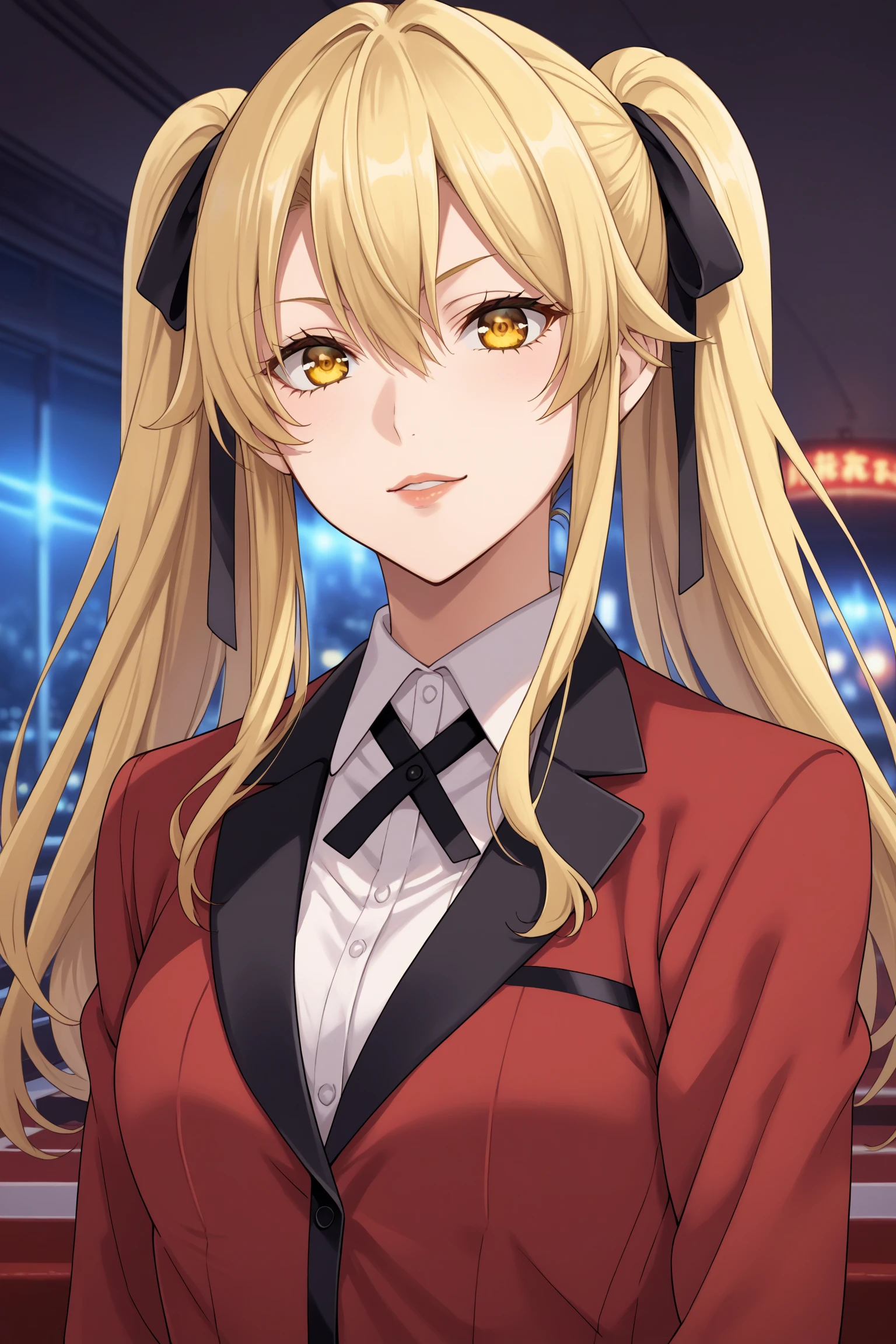 saotome mary, long hair, blonde hair, twintails, black hair bow, hair between eyes, yellow eyes, hyakkaou academy school uniform, long sleeves, blazer, red jacket, suit jacket, white shirt, collared shirt, black neck ribbon, black skirt, plaid skirt, pleated skirt, black kneehighs, loafers, <lora:Mary_Saotome:0.8>, score_9, score_8_up, score_7_up, score_6_up, score_5_up, source_anime, rating_safe, medium breasts, indoors, casino, 1girl, solo, looking at viewer, <lora:age_slider_v4:4>, upper body