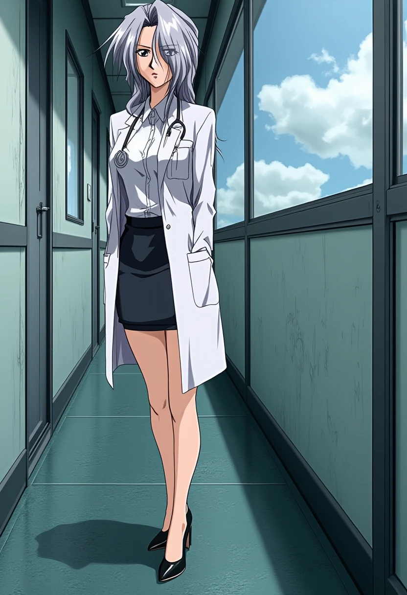 A detailed solo portrait of Midou Emiko. She has grey hair.
Anime style, sharp, high contrast and highly detailed., 
<lora:innai_kansen_midou_emiko_flux_v2_2-000025:0.8>,,, A beautiful young Japanese female surgeon standing with a serious and haughty expression. She is wearing a lab coat and has a stethoscope around her neck. She wears a shirt and pencil skirt. Looking professional, yet her beautiful long legs with high heels can be seen under the lab coat. 
She leans by a large window in a hospital alley, with plenty of natural light. Full body.