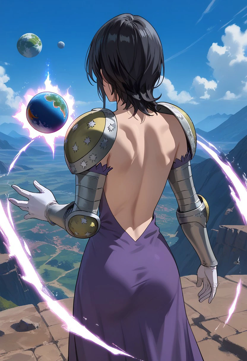 score_9,score_8_up,score_7_up, merlin_7ds, merlin_holywar, 1girl, dress, solo, backless outfit, from behind, backless dress, back, black hair, breasts, armor, planet, energy ball, sideboob, shoulder armor, magic,  white gloves,