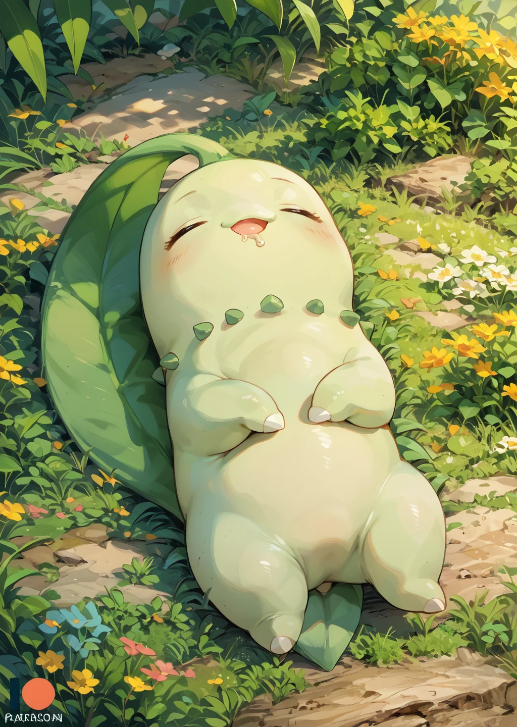 score_9, score_8_up, score_7_up, score_6_up, score_5_up, score_4_up, cute female furry feral chibi chikorita, on back, sleeping, drooling, mouth open, nature background, source_furry <lora:Chikorita:1> chikorita, pokemon (creature)