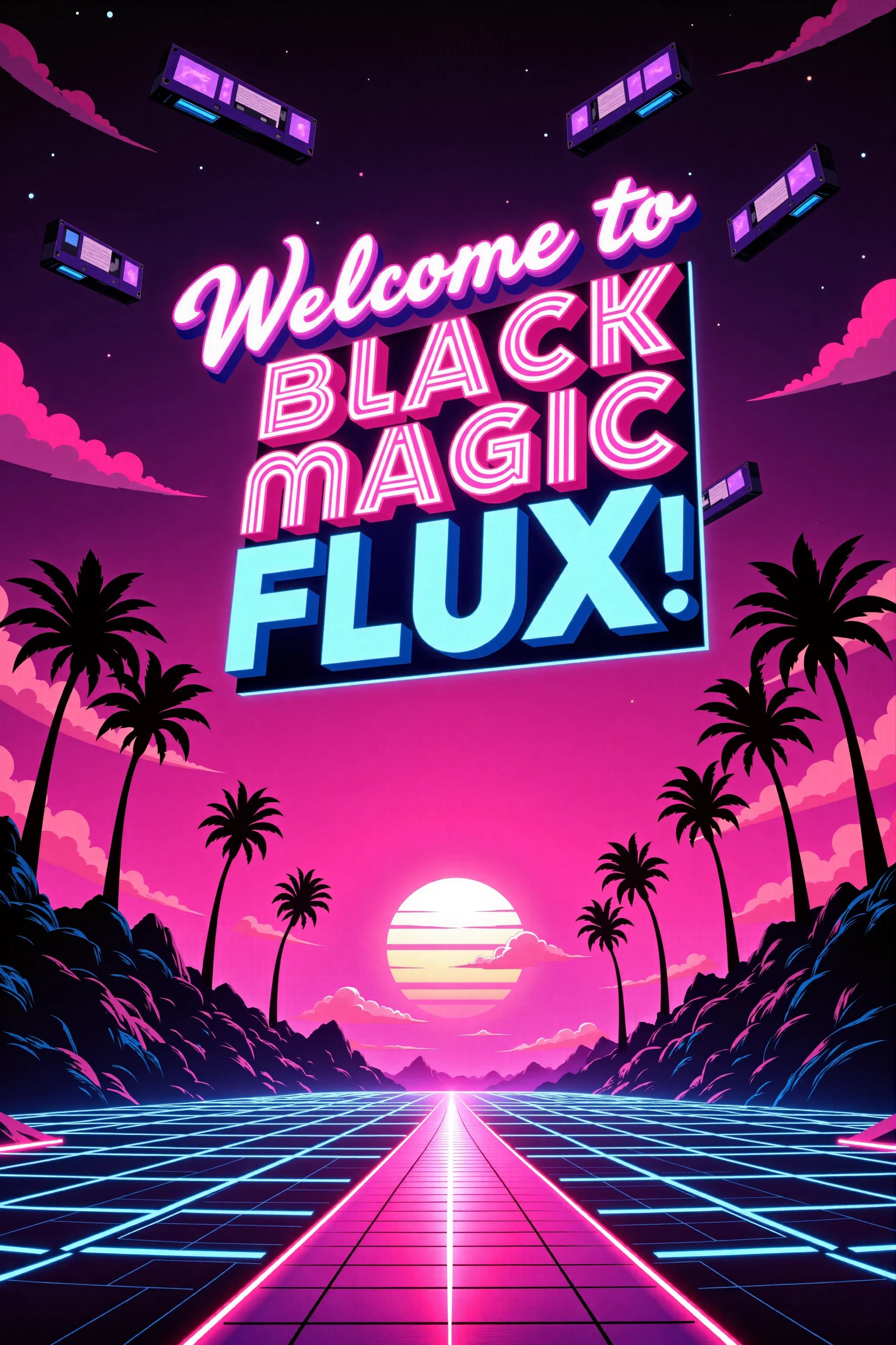 Neon text reading 'Welcome to Black Magic Flux!' hovers in a retro-futuristic skyline, bathed in pink, purple, and electric blue hues. Gridlines stretch across the ground beneath a digital sunset, casting vibrant gradients across palm trees and glitchy geometric shapes. The air is filled with floating VHS tapes, pixelated artifacts, and shimmering synthwave patterns, pulsing to the beat of a distant 80s-inspired soundtrack. The whole scene feels like a nostalgic trip into a distorted, dreamlike cyberspace.