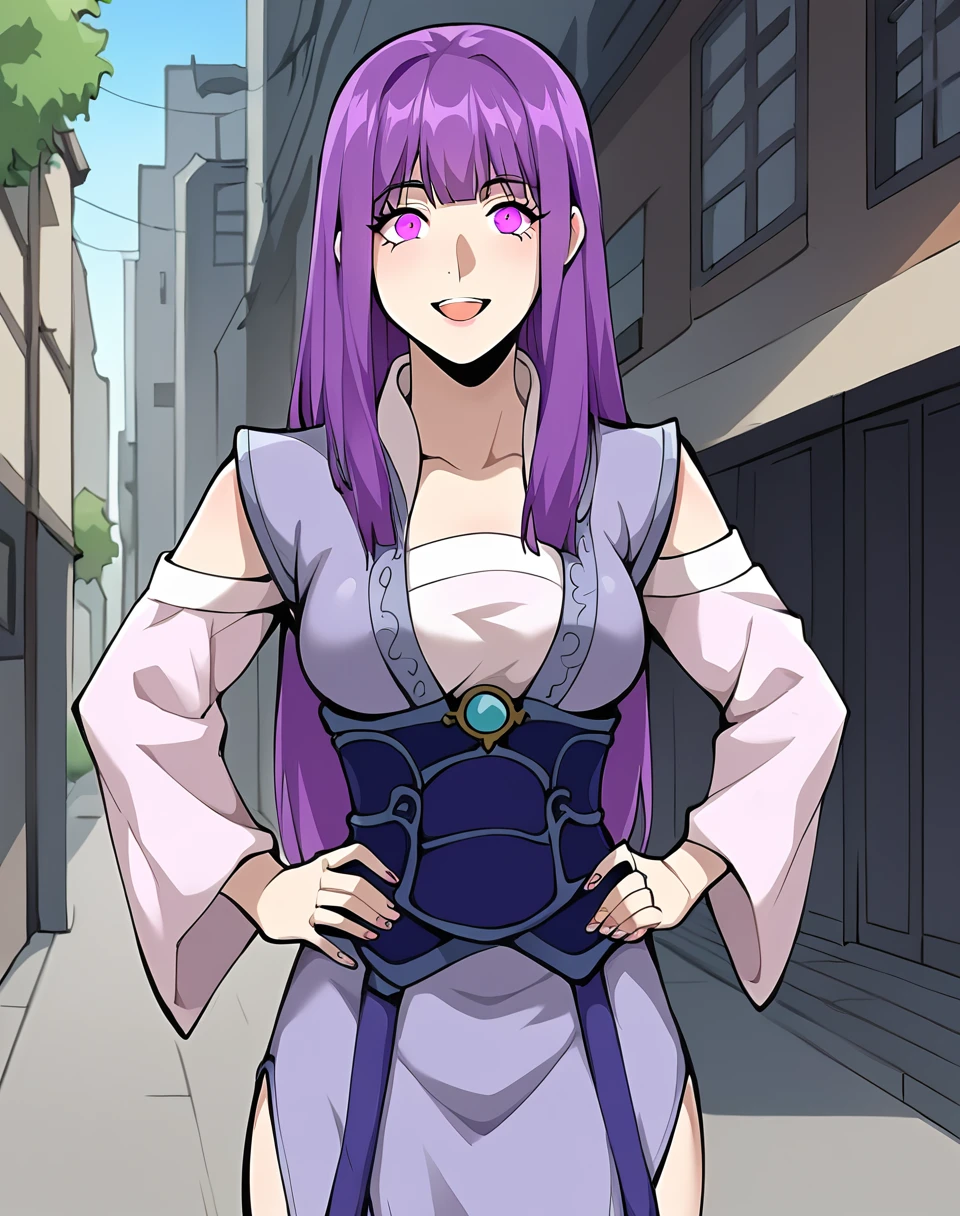 ye_ziyun, purple hair, purple eyes, long hair, breasts, traditional clothes, manhua BREAK outdoors, city street, BREAK looking at viewer, sexy face, sexy smile, open mouth, cowboy shot,hands on hips, proud look BREAK score_9, score_8_up, score_7_up, source_anime ,zPDXL, perfect hand, <lora:Ye_Ziyun:0.8>, solo, teen