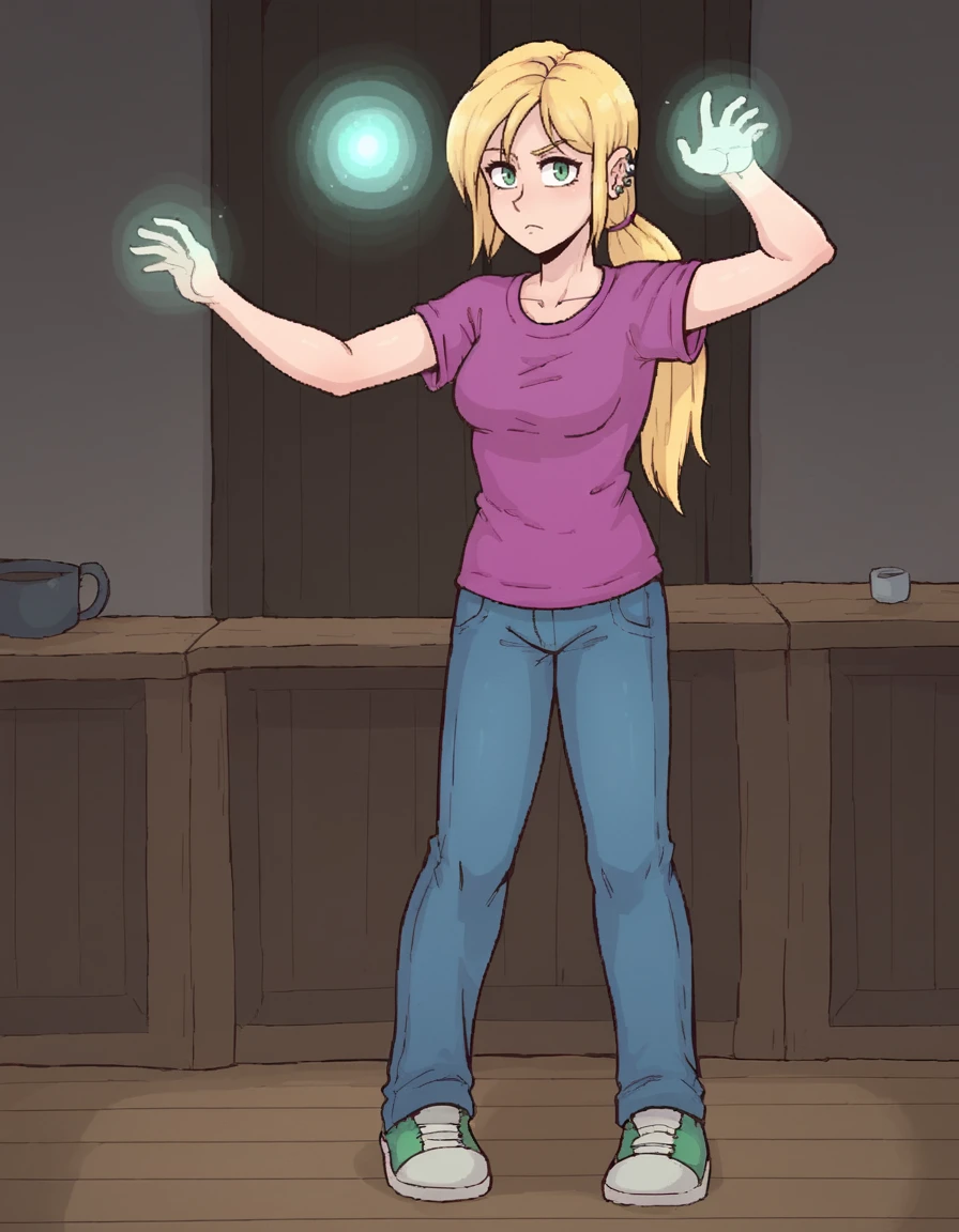 score_9, solo, portrait, spooky house, magic, glowing hands, hands raised, indoors, dark, furniture, concentrating, frown, 
<lora:Jennifer Lloyd (CURSED):0.4> JenniferLloyd, (ear piercing:1.2), blonde hair, long hair, green eyes, low ponytail, t-shirt, jeans, shoes, forelocks, 
 <lora:Knotgames_Style_-_Pony:0.5>